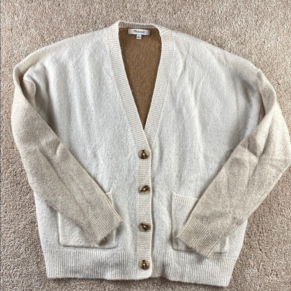 Madewell Colorblock Wool Blend Cardigan Sweater Ivory‎ Tan Brown AC796 XS